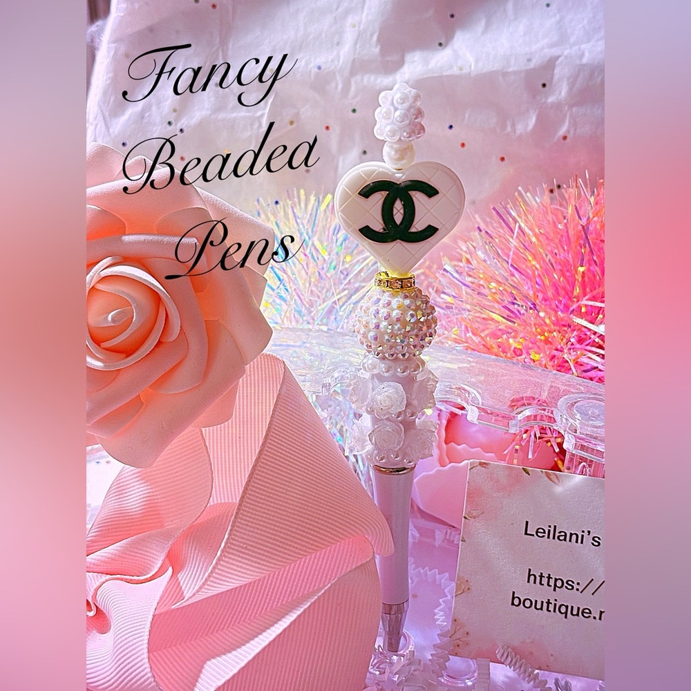 Fancy beaded pen/flower pen/silver beads/white heart/pearl beads